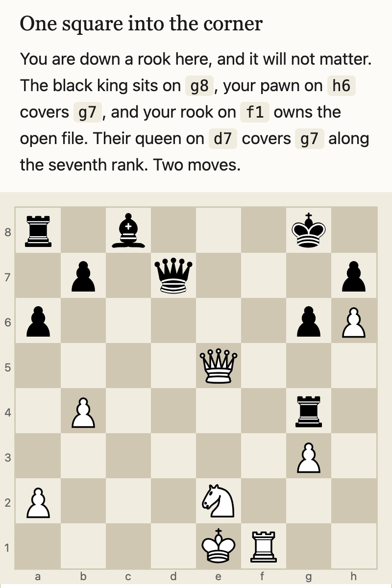 A board from the course: One
         square into the corner. You are down a rook, White to move, two moves to mate.